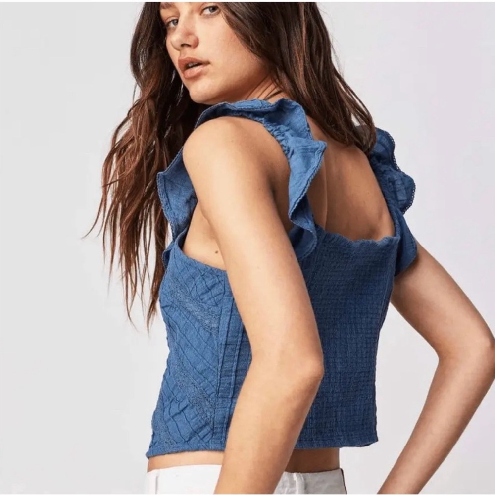 Free People Blue Textured Ruffle Tank Top - Picture 2 of 8